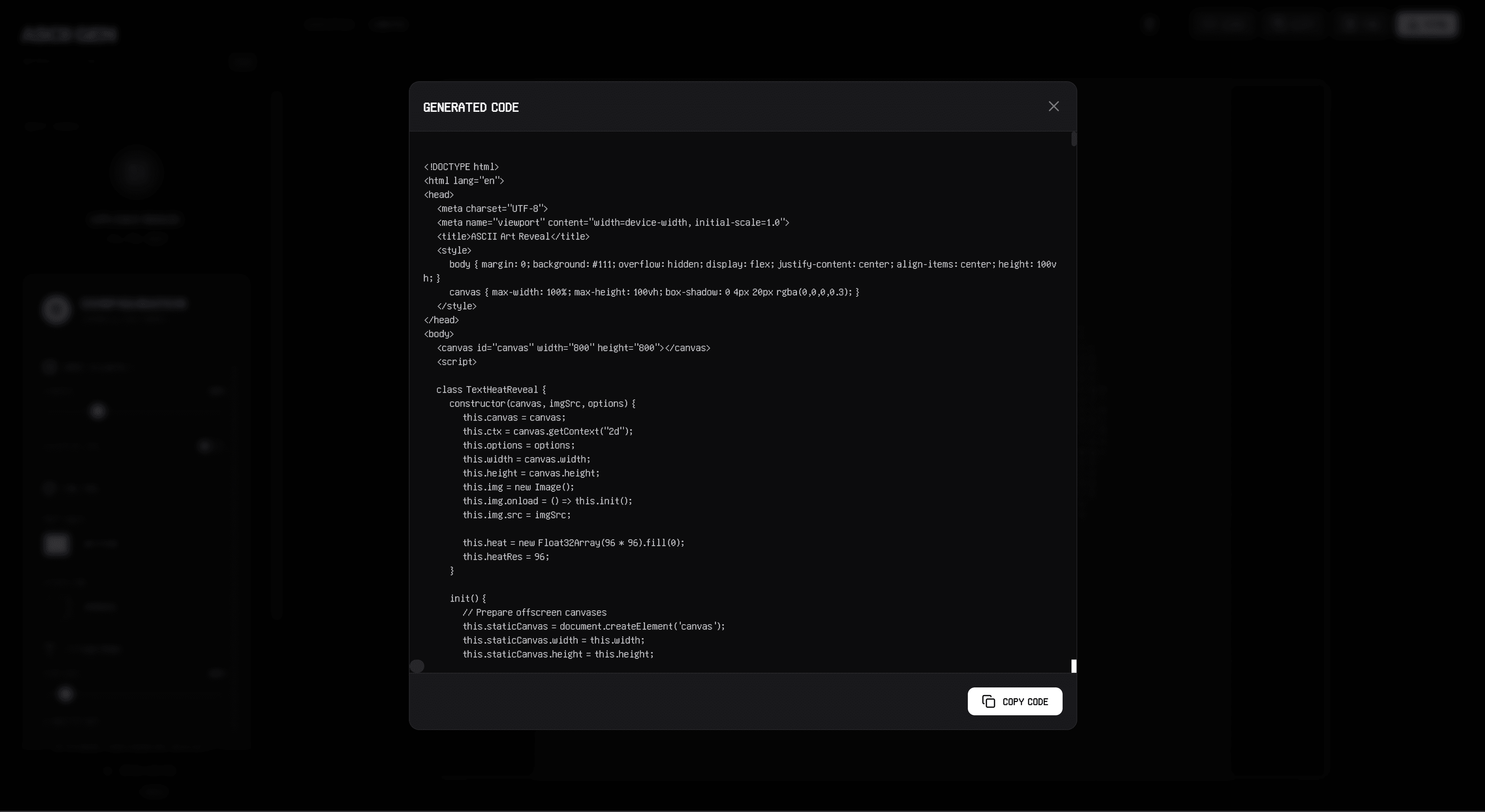 Generated code modal showing the exported ASCII animation markup.