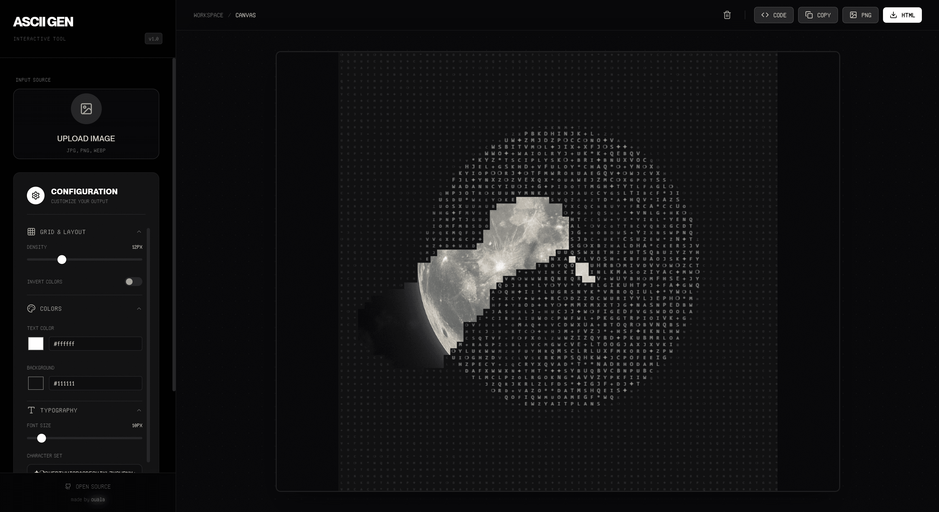 ASCII Art Generator landing page with upload, presets, and export controls.