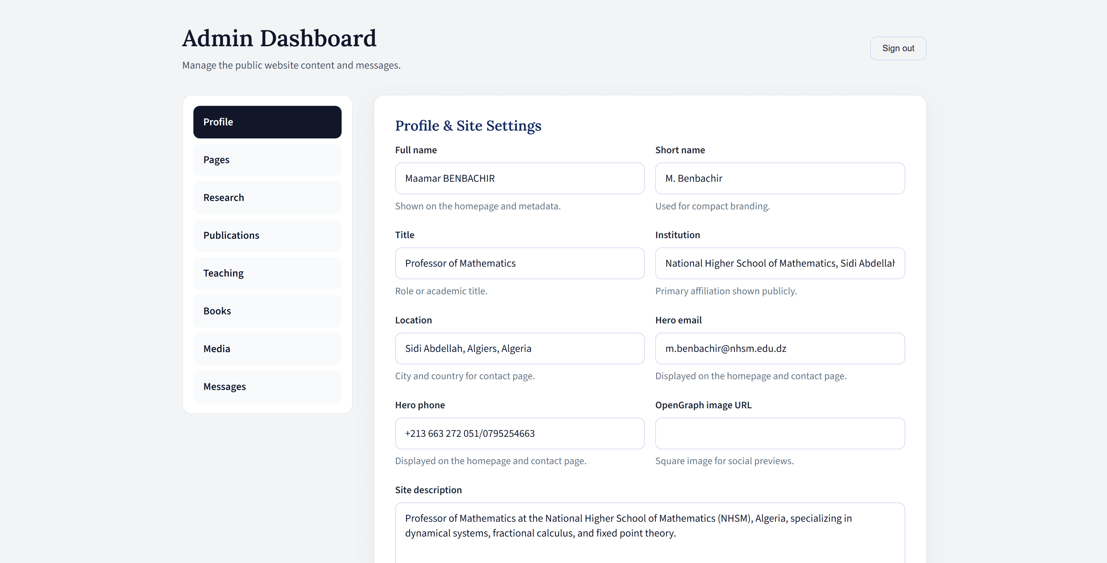 Admin dashboard settings screen for editing homepage and contact content.
