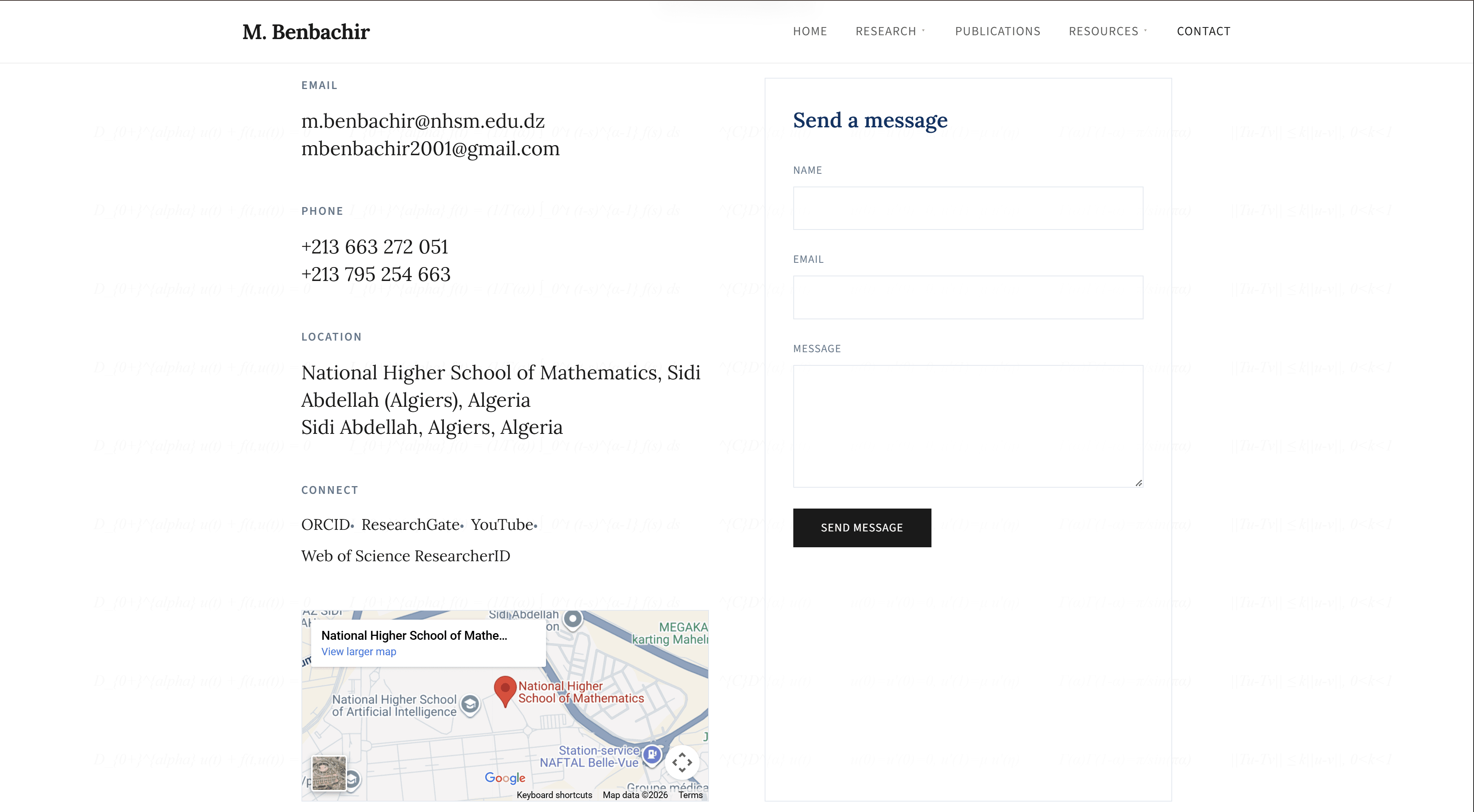 Contact page with form and academic contact information.