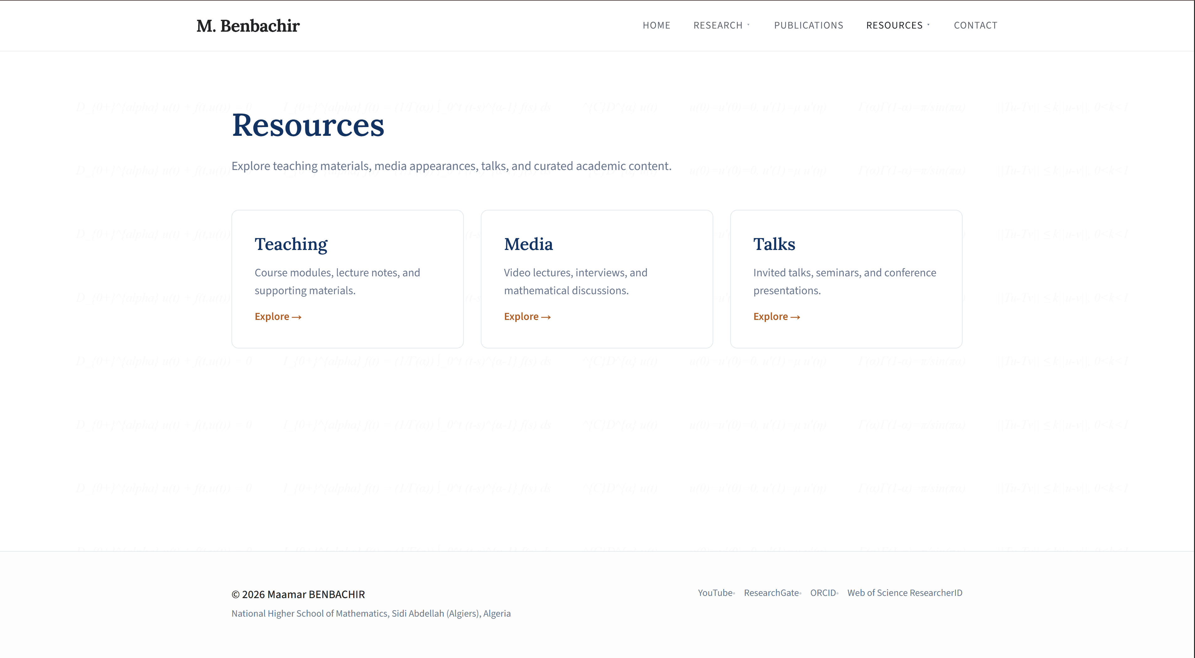 Resources page with downloadable material and categorized references.
