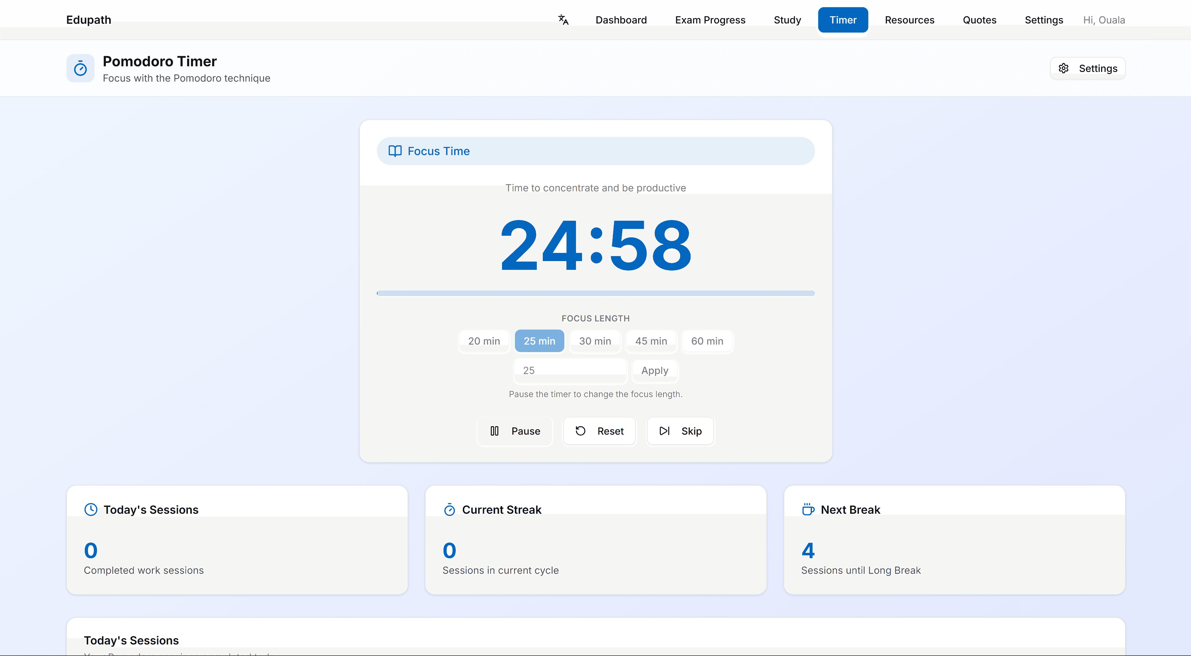 EduPath pomodoro timer module embedded in the learner workflow.
