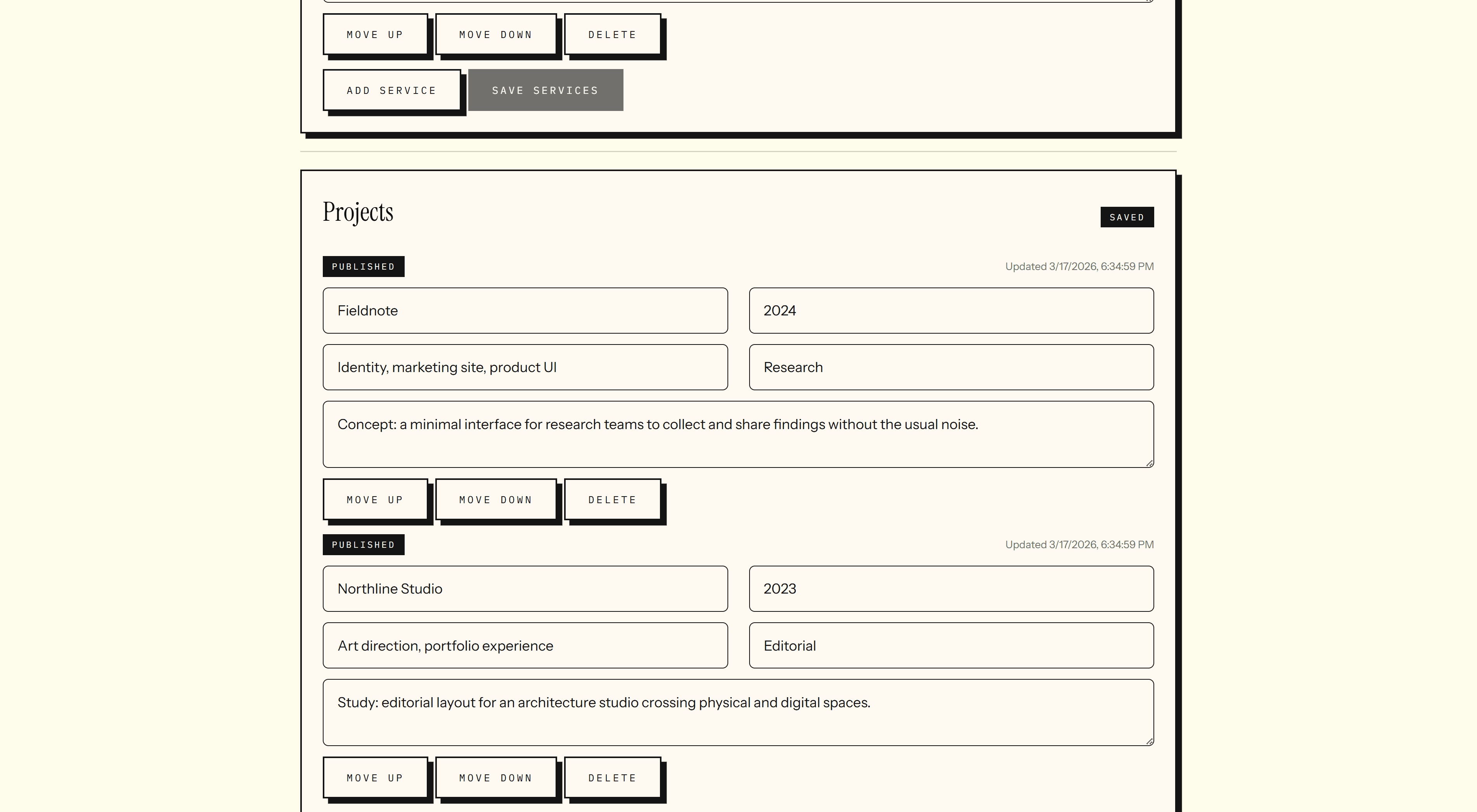 CMS media and project management screen.