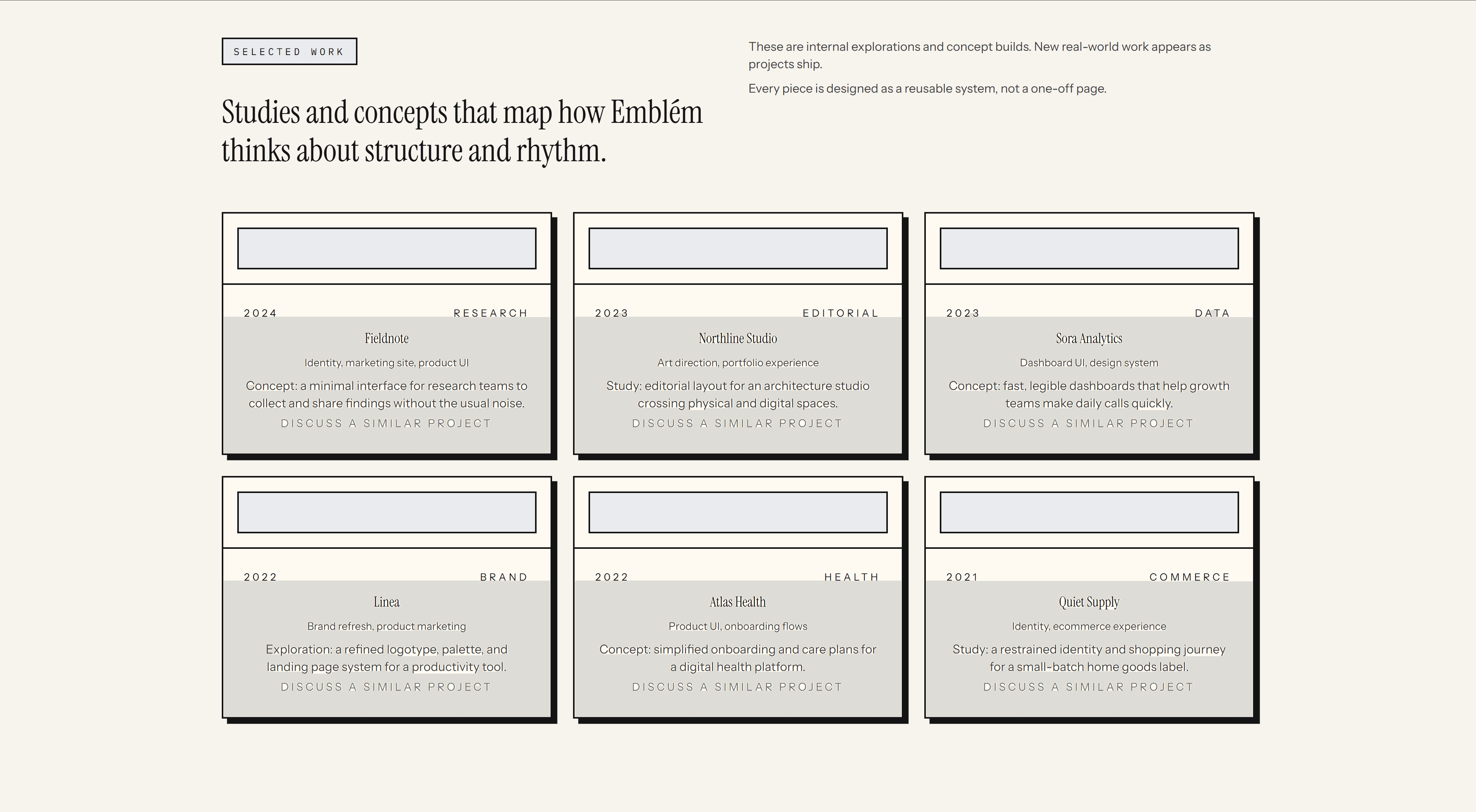Work section presenting projects in an editorial layout.