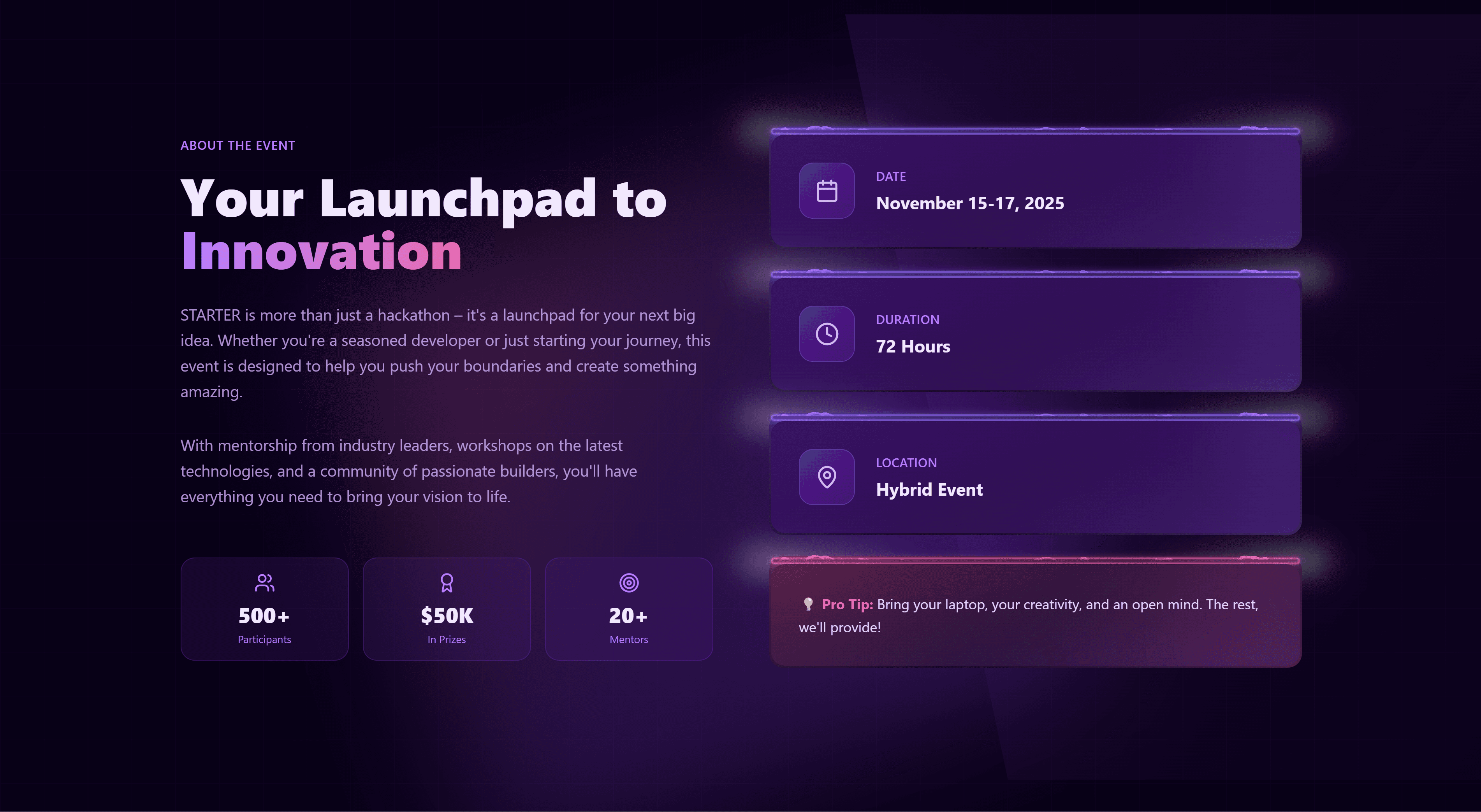 Starter Hackathon secondary landing section continuing the event story.