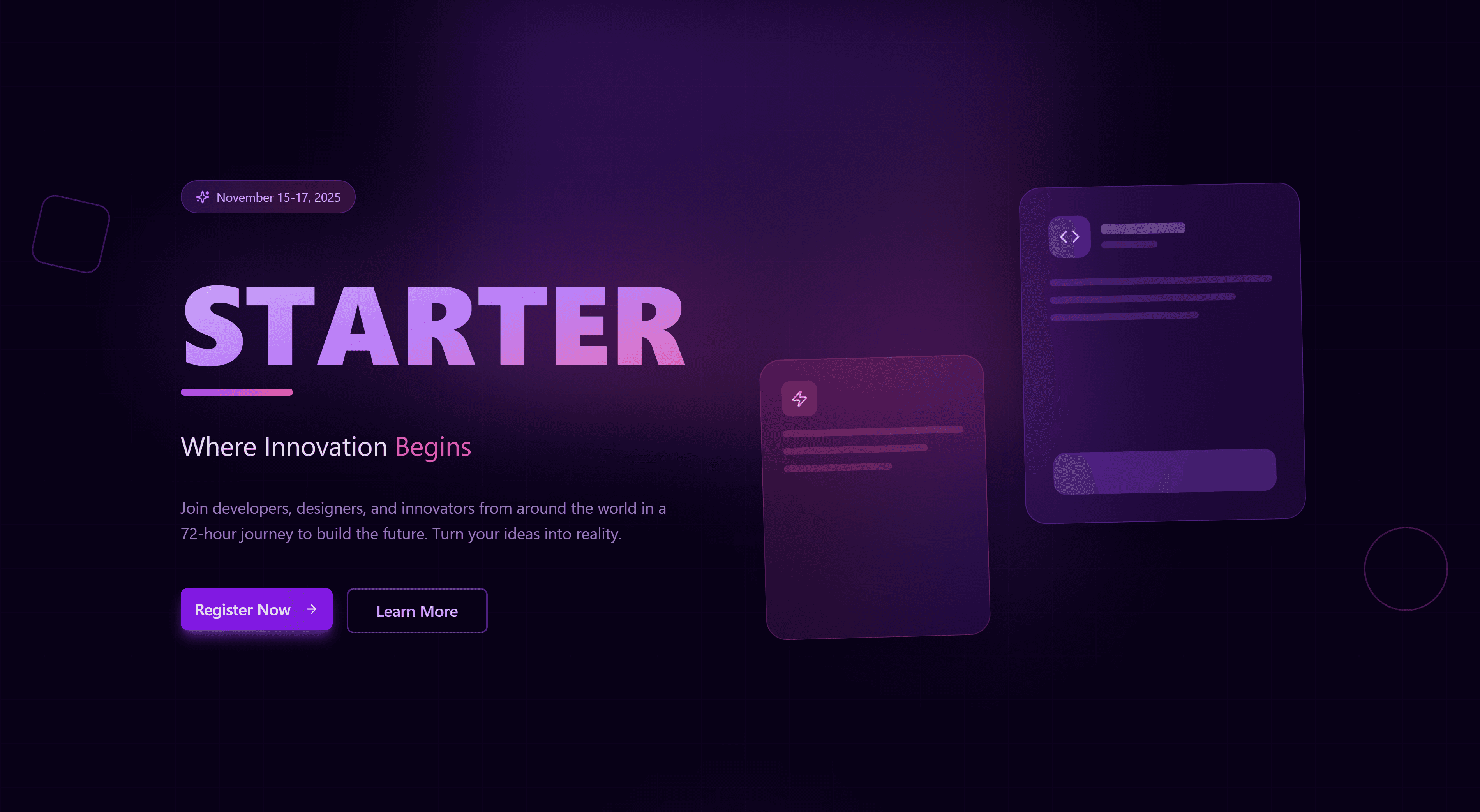 Starter Hackathon live landing page with event framing and main CTA.
