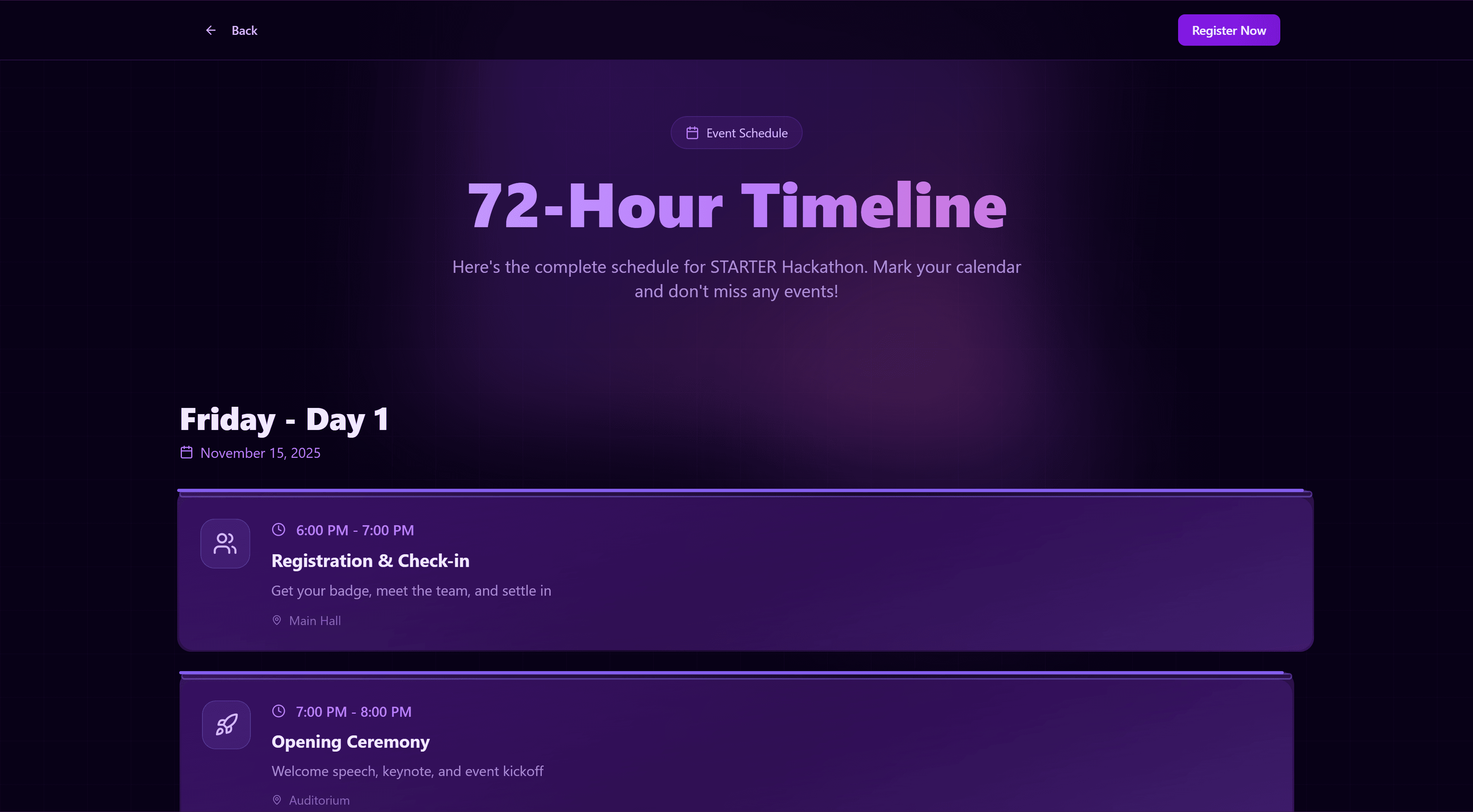 Starter Hackathon timeline module for event schedule and milestones.