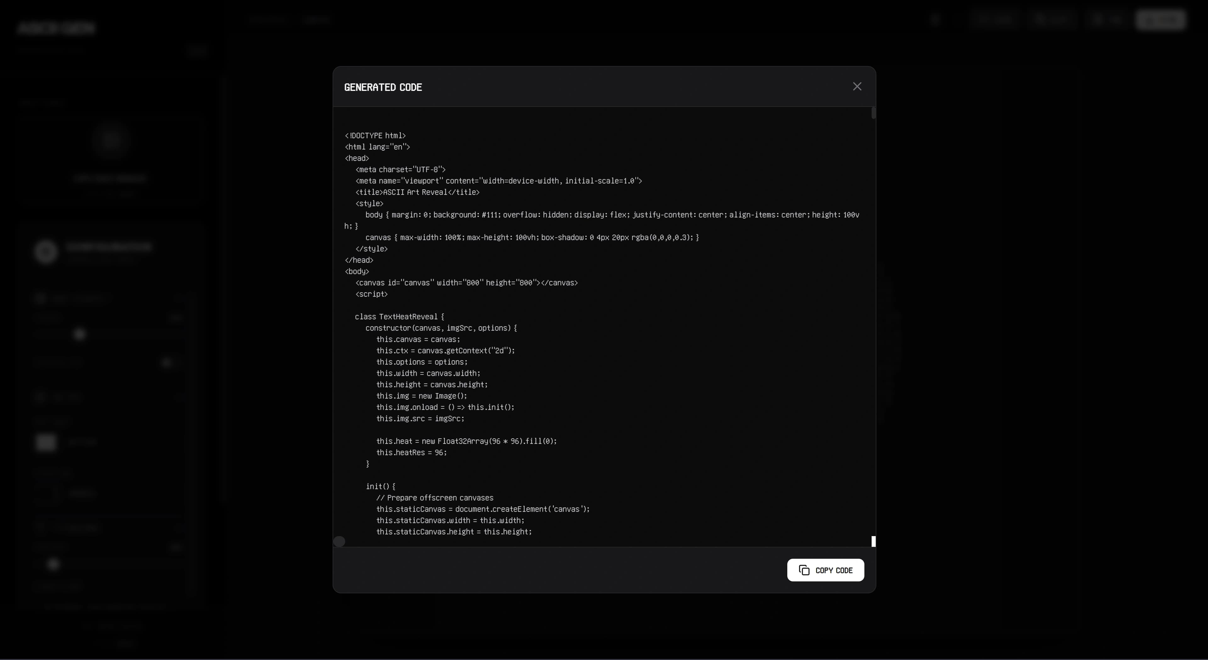 Generated code modal showing the exported ASCII animation markup.