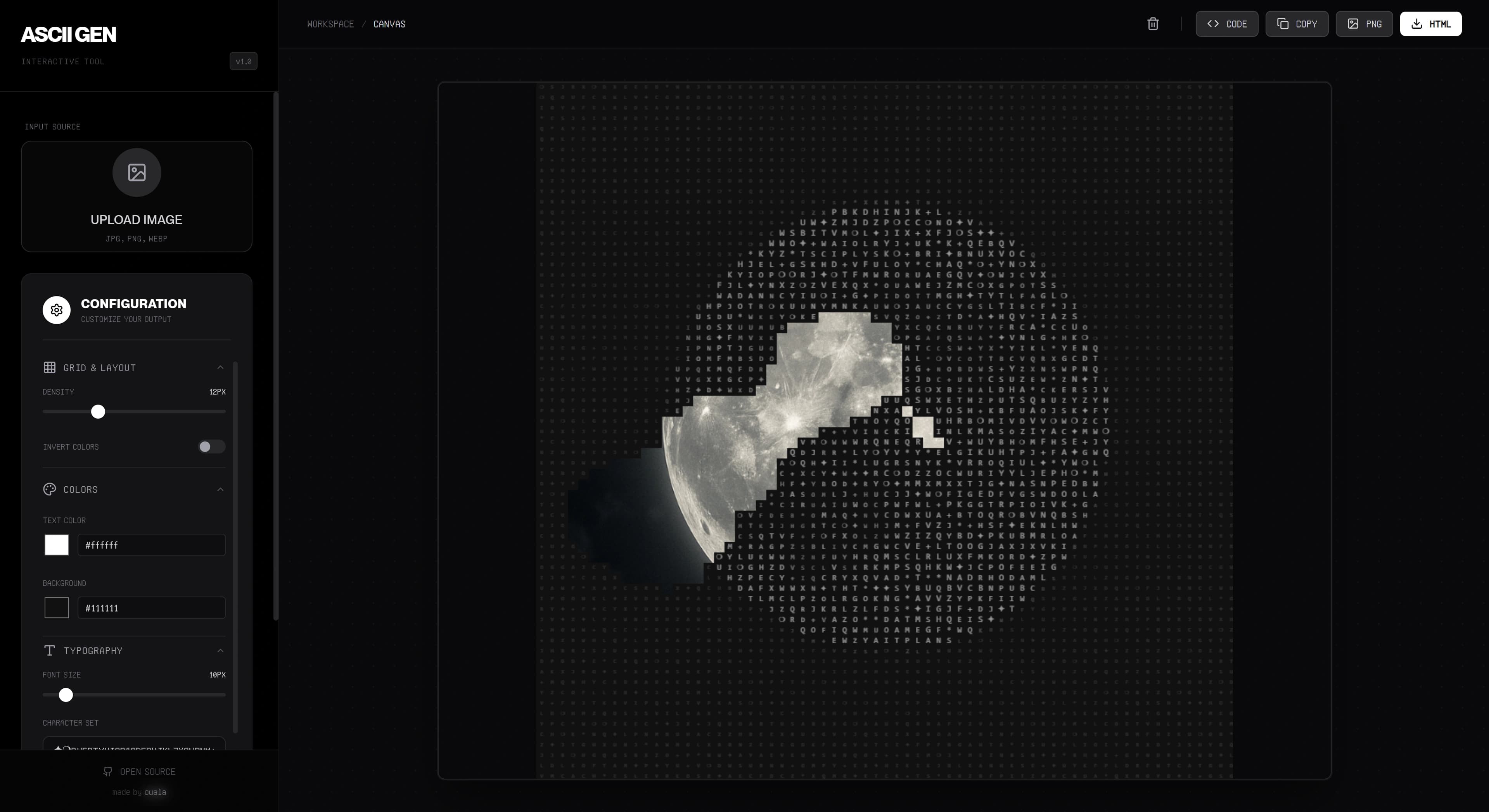ASCII Art Generator landing page with upload, presets, and export controls.