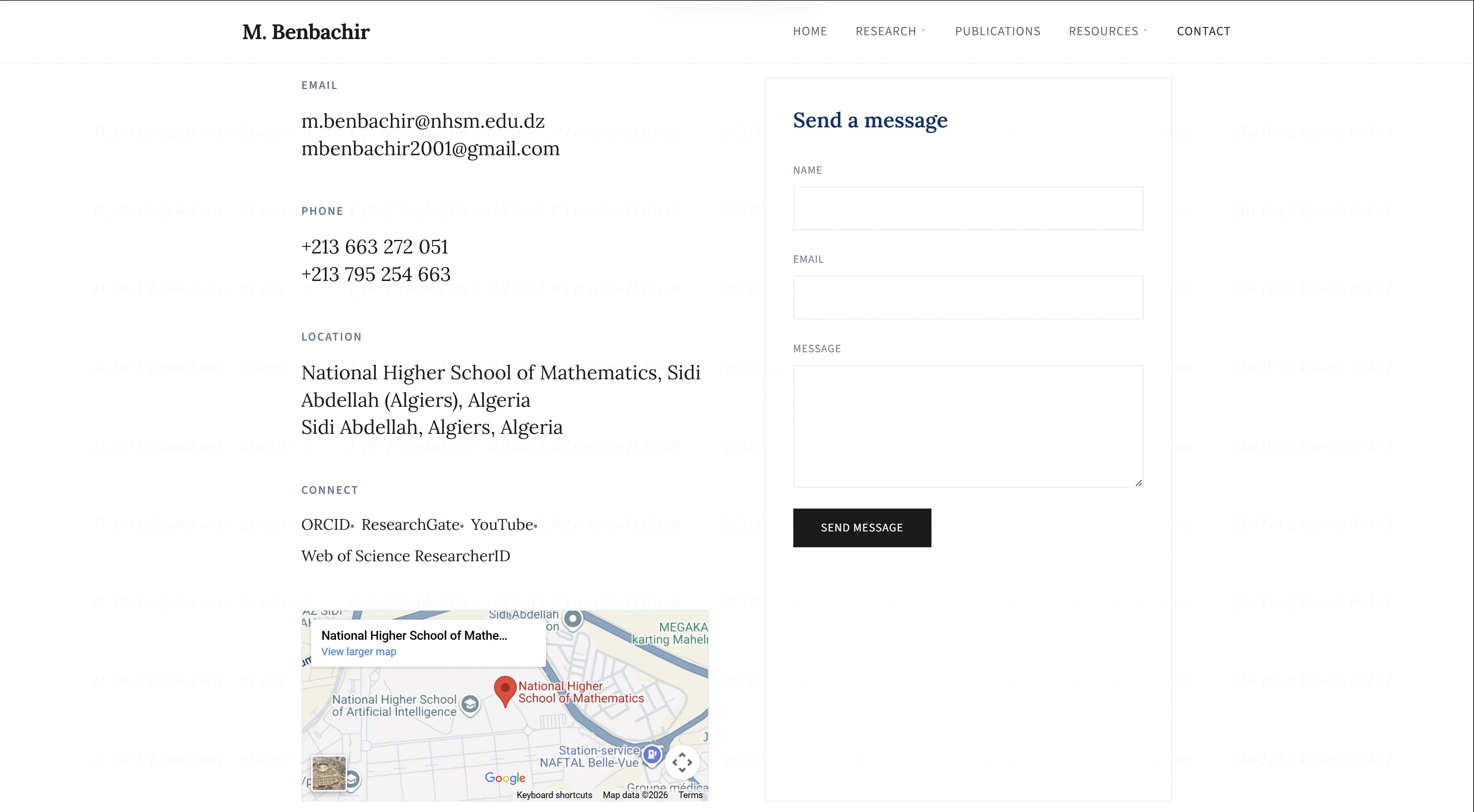 Contact page with form and academic contact information.