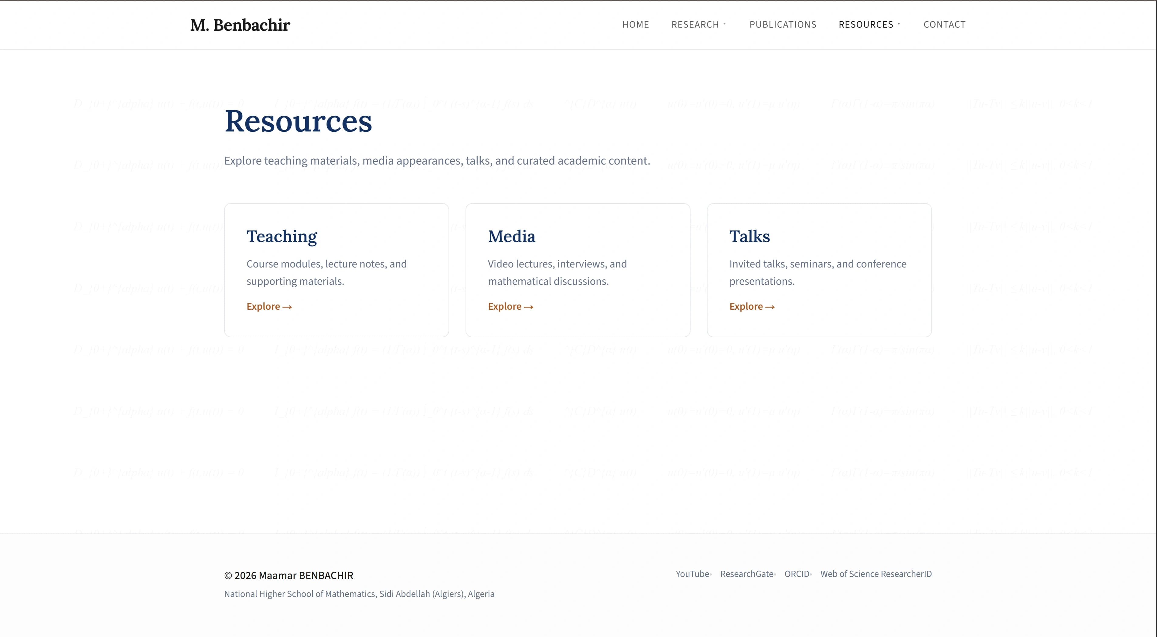 Resources page with downloadable material and categorized references.