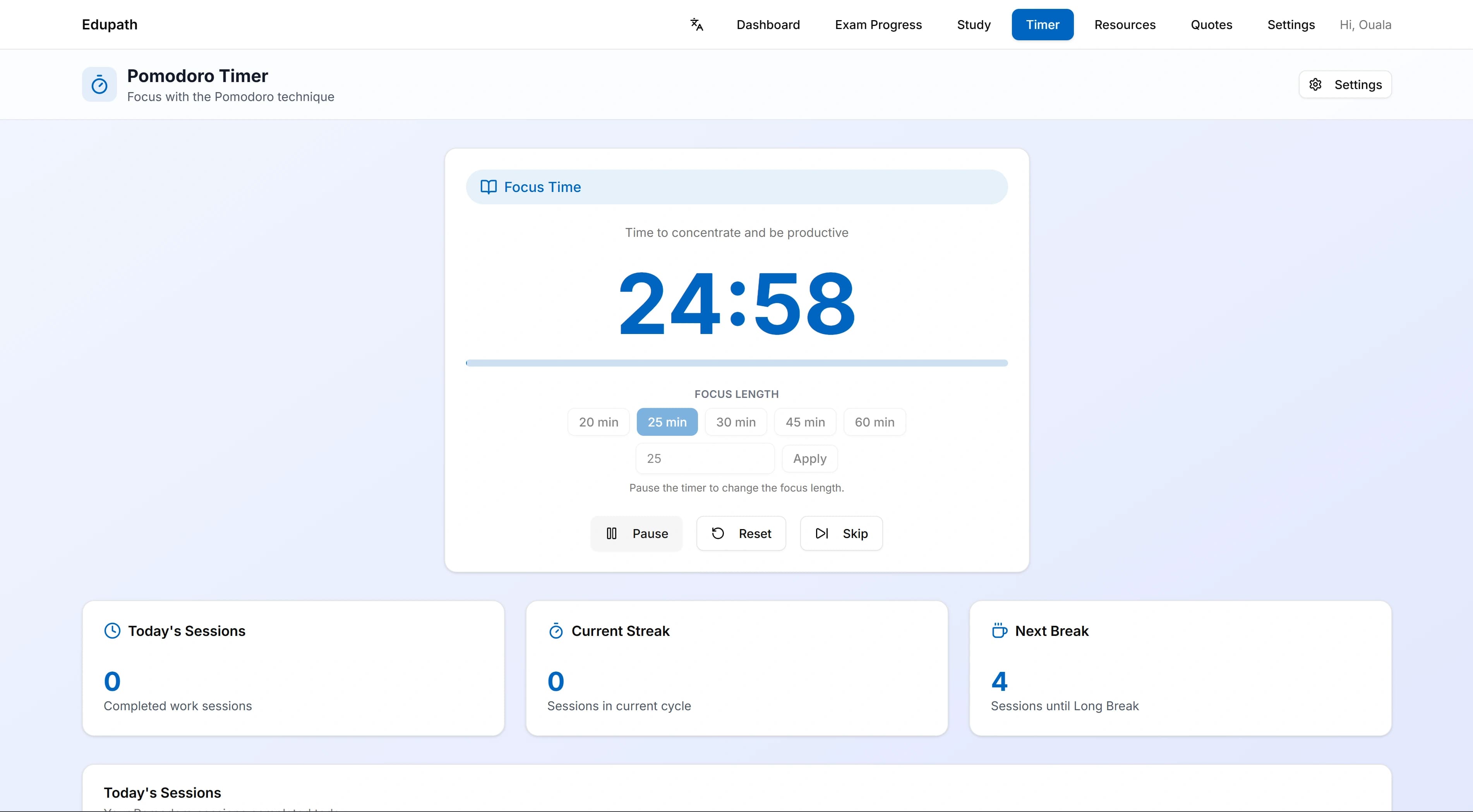 EduPath pomodoro timer module embedded in the learner workflow.