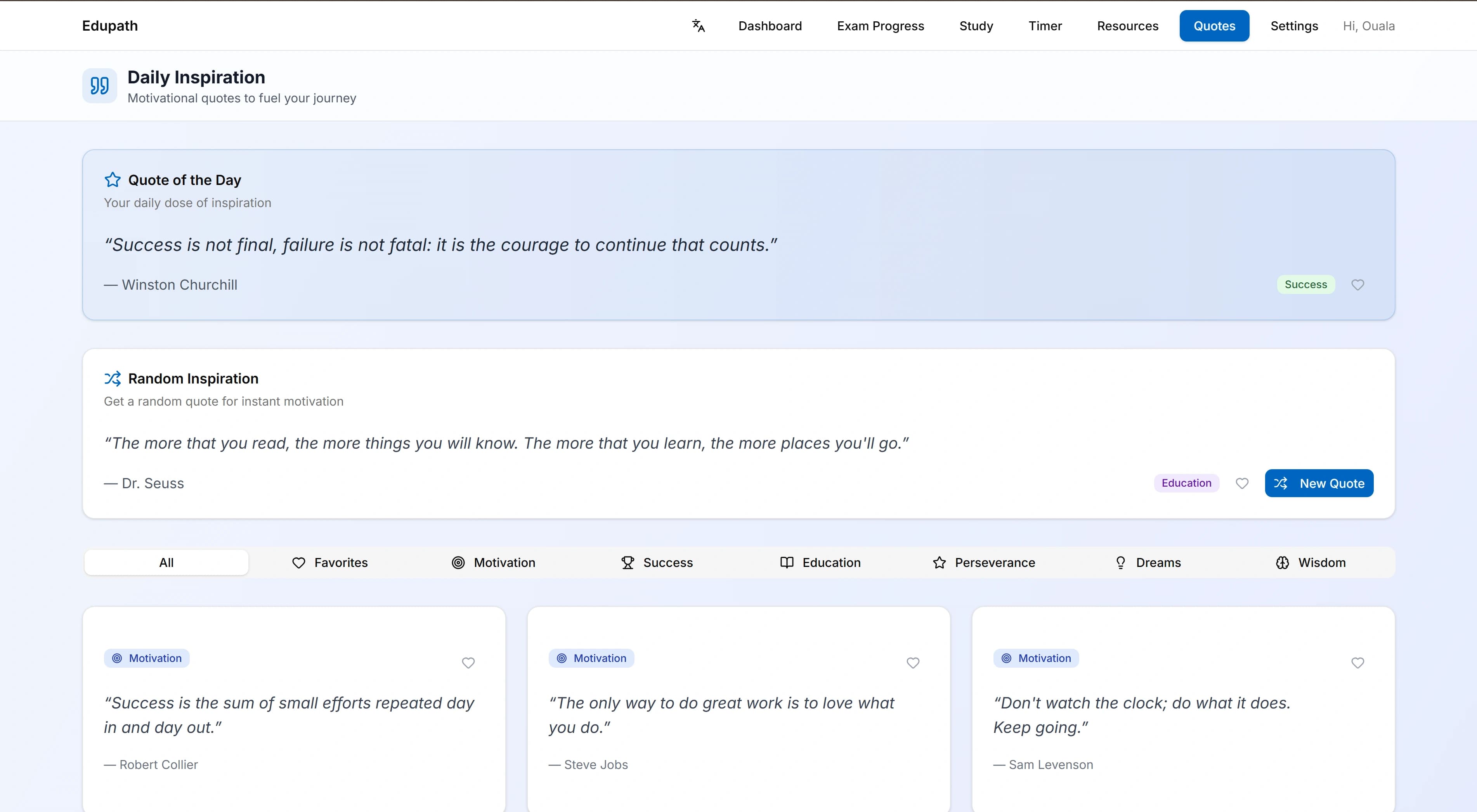 EduPath quotes and motivation section inside the product flow.