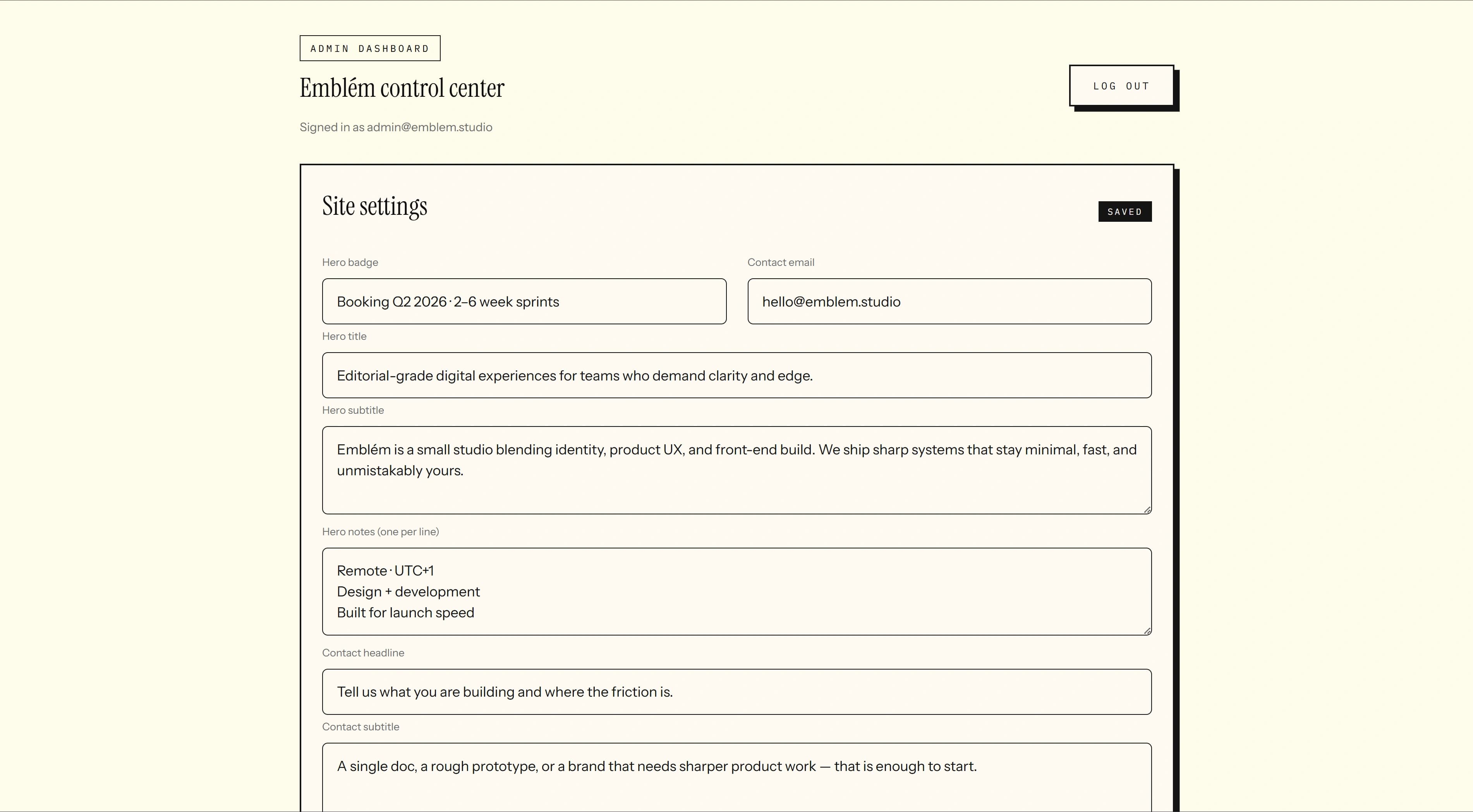 CMS settings page for hero and site-wide content.