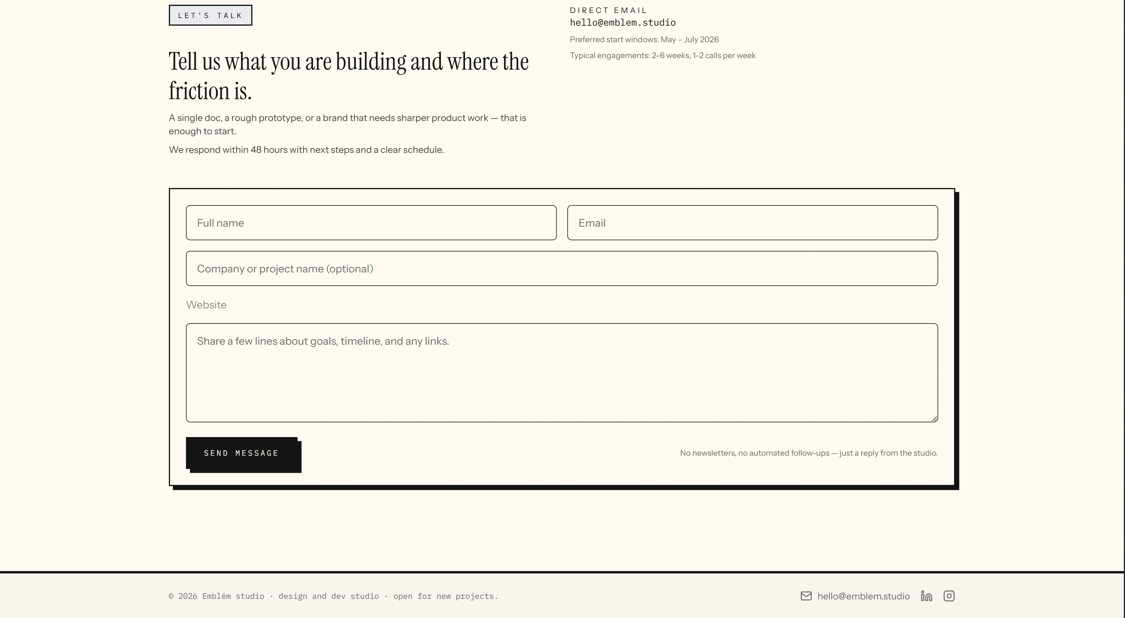 Contact and footer section continuing the editorial brand language.