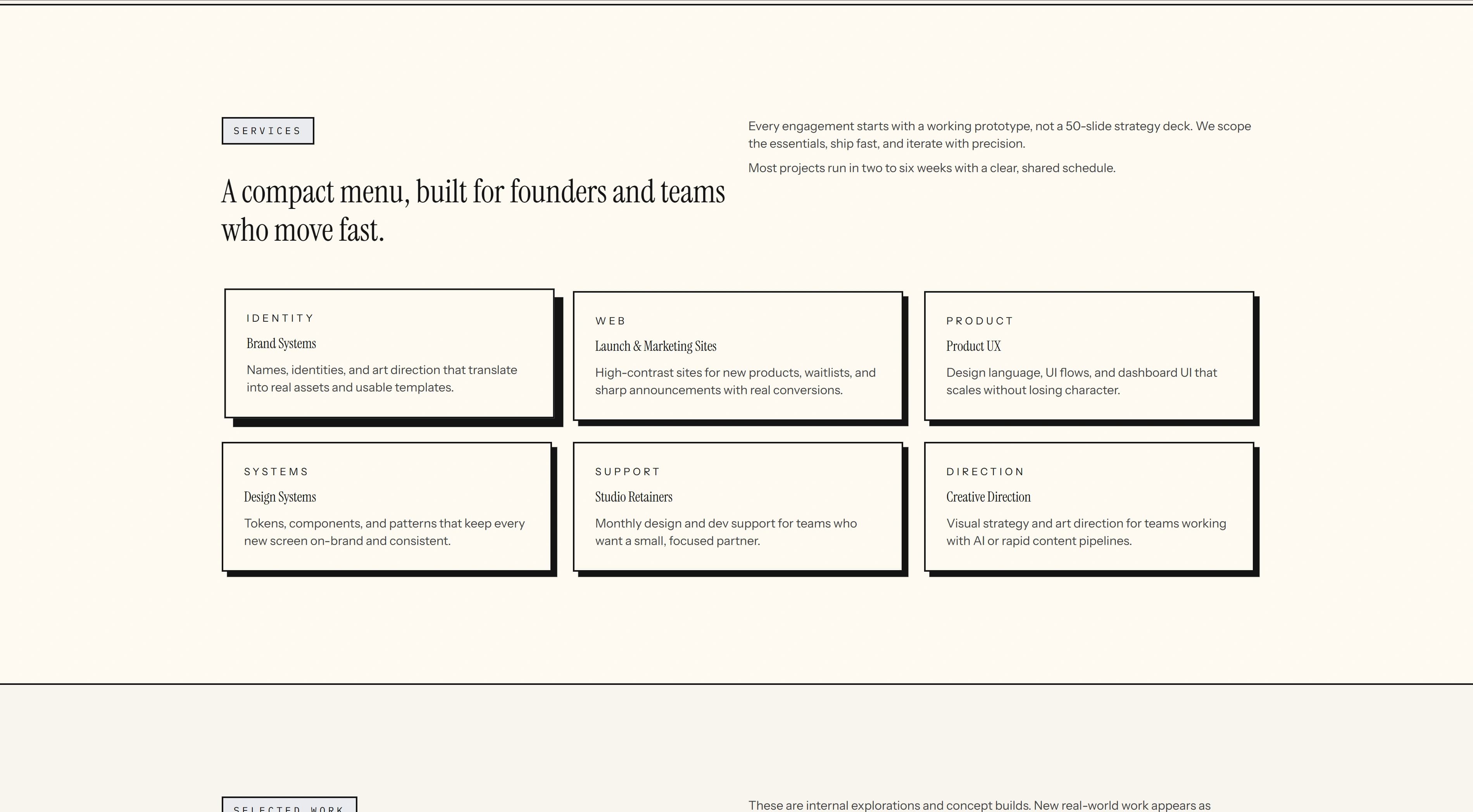 Services section with editorial cards and strong spacing.