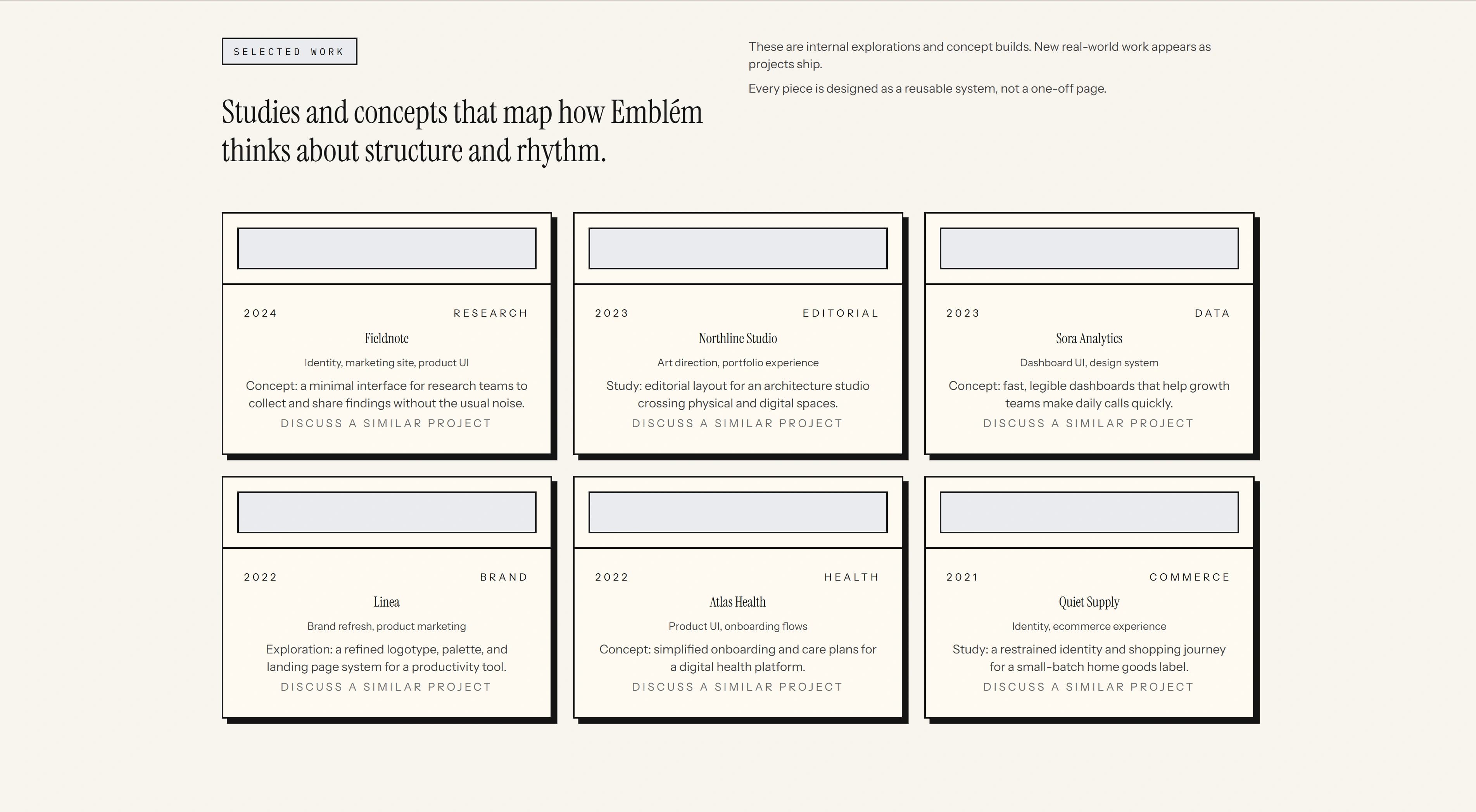 Work section presenting projects in an editorial layout.