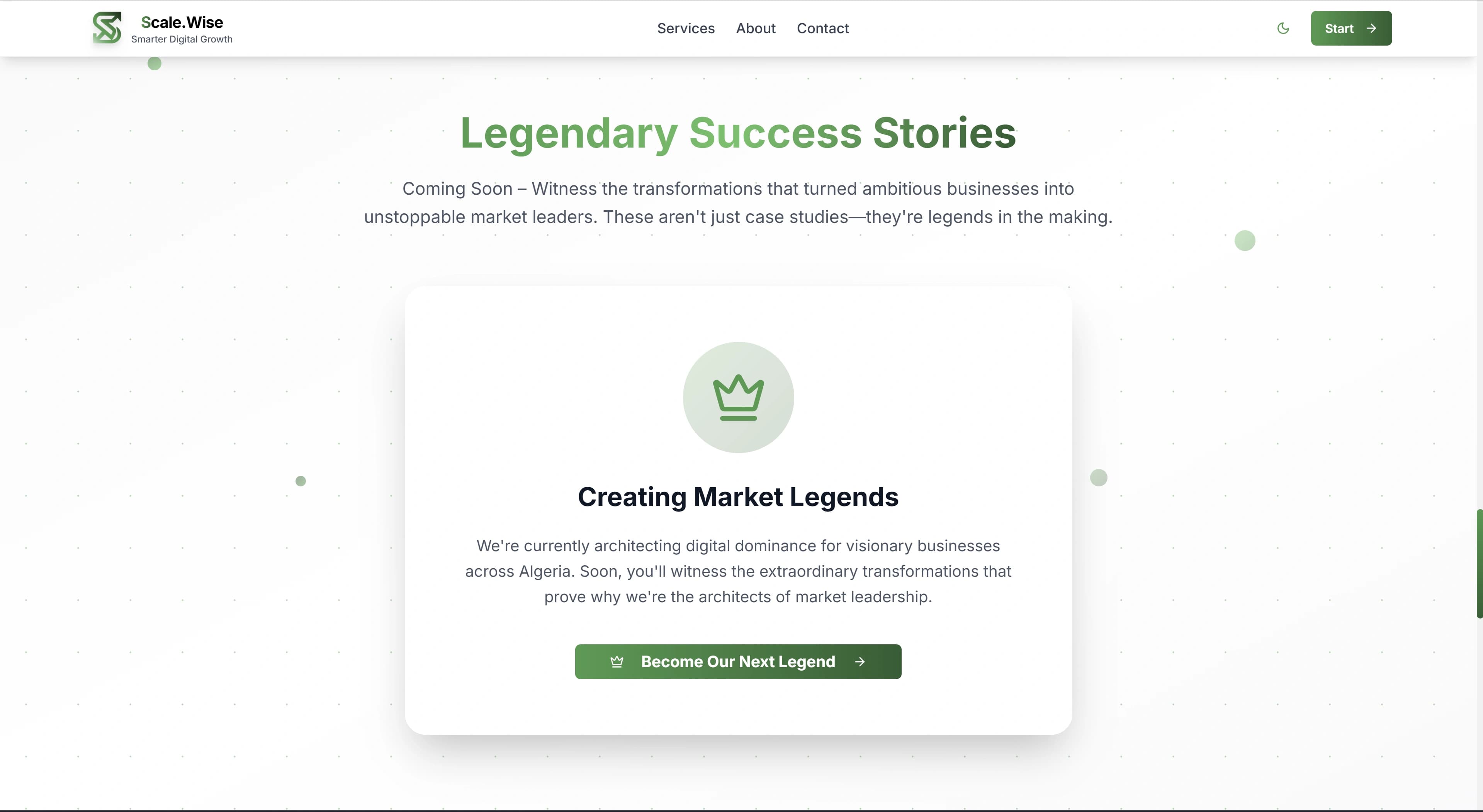 ScaleWise landing page hero and services layout.