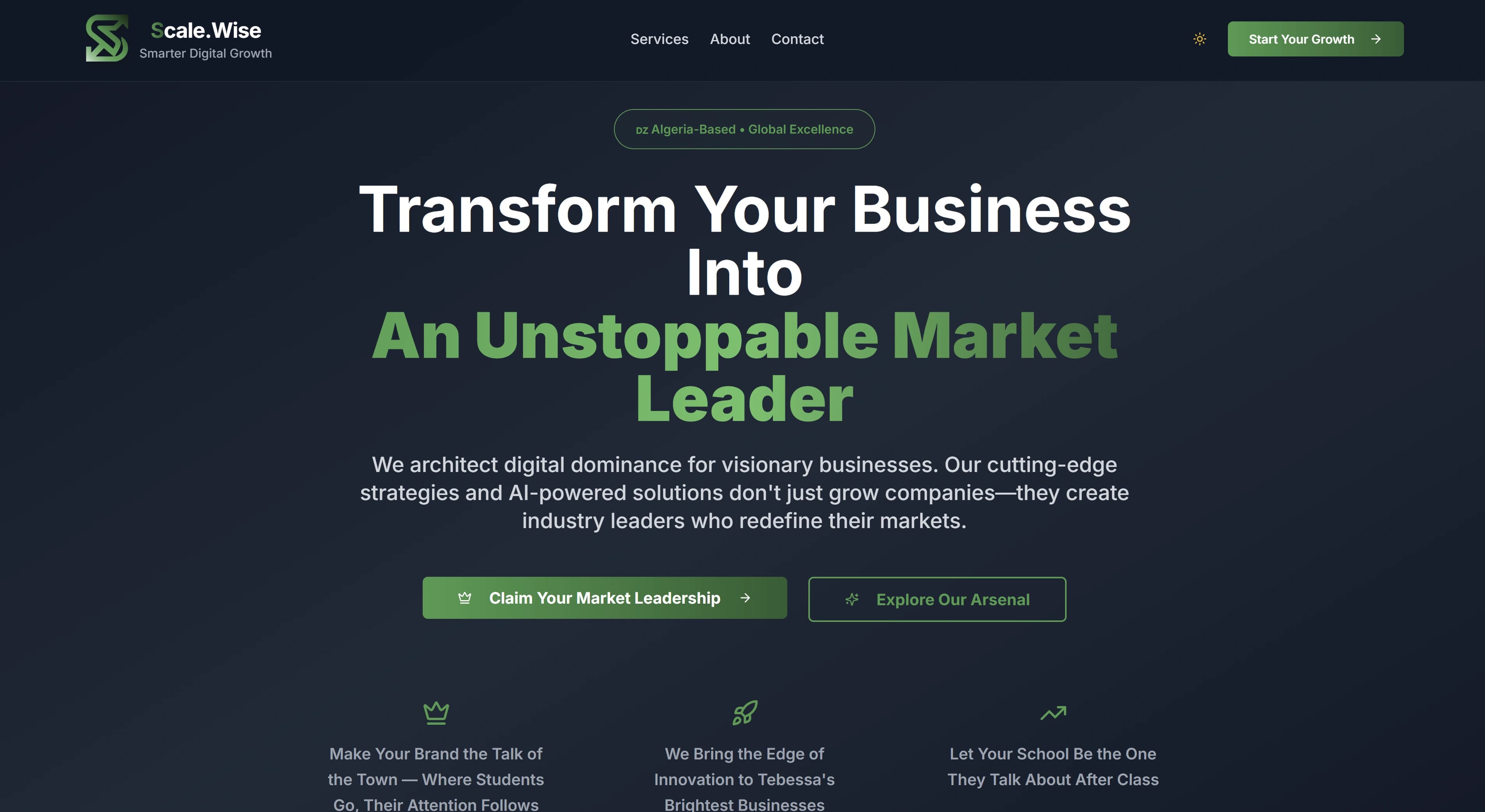 ScaleWise agency landing page showcasing hero and services.