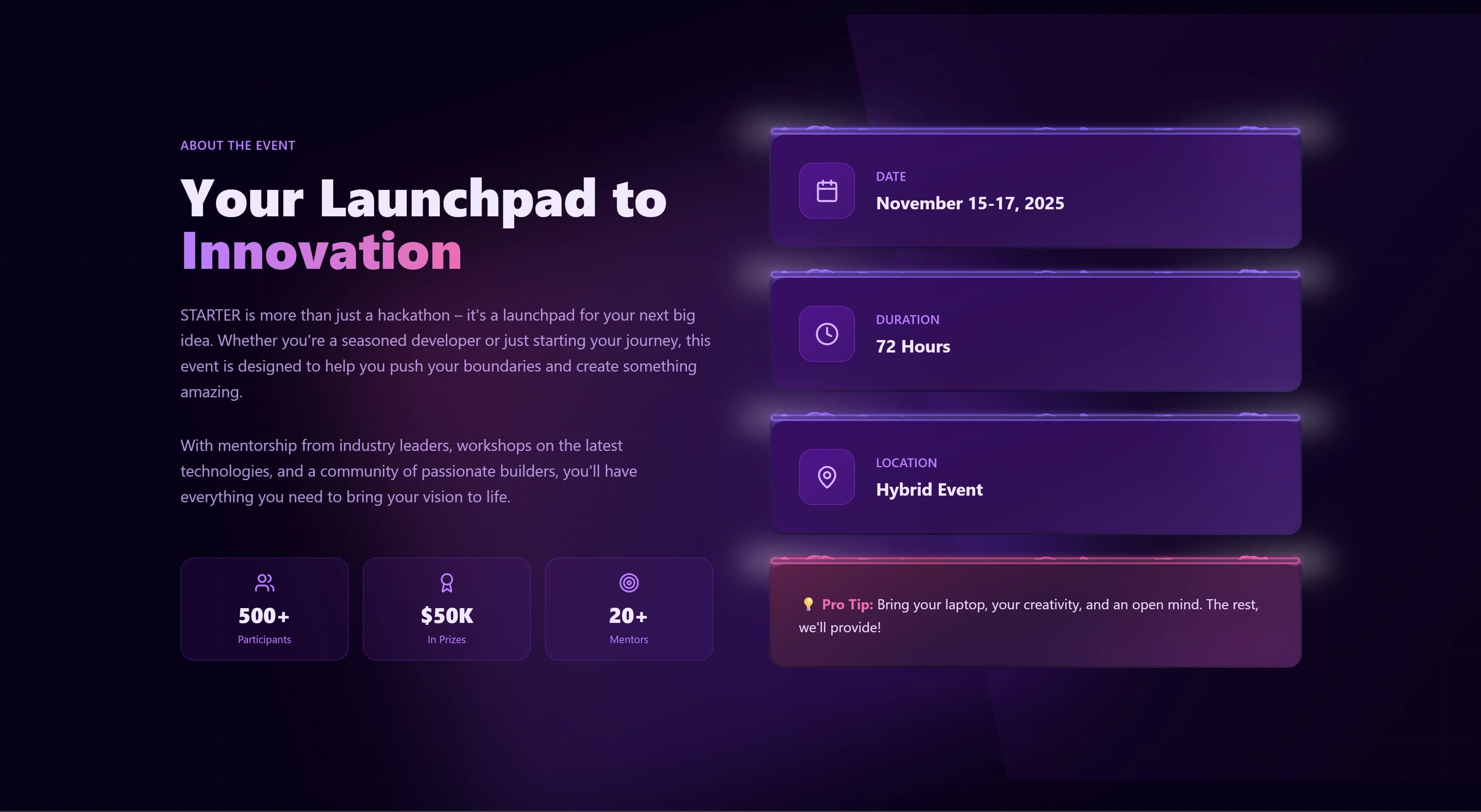 Starter hackathon landing page overview.